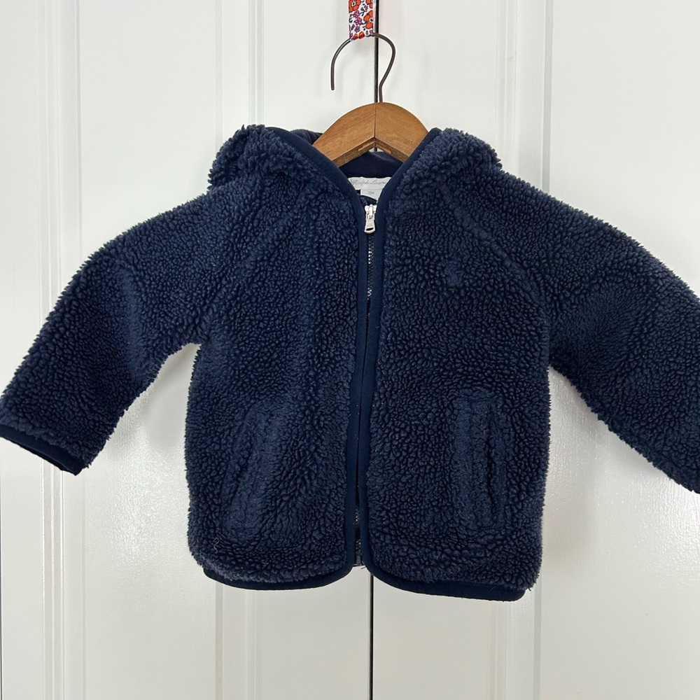 Ralph Lauren baby navy blue Sherpa fleece teddy bear hooded jacket 18 months
